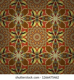 Vector colorful kaleidoscopic seamless pattern for textile, ceramic tiles, wallpapers and fabric. Traditional ethnic background in orange, yellow and brown colors.