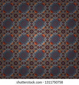 Vector colorful kaleidoscopic seamless pattern for textile, ceramic tiles, wallpapers and fabric. Traditional ethnic background in gray, orange and blue colors.