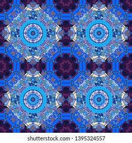 Vector colorful kaleidoscopic seamless pattern for textile, ceramic tiles, wallpapers and fabric. Traditional ethnic background in gray, blue and neutral colors.