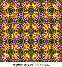 Vector colorful kaleidoscopic for textile, ceramic tiles, wallpapers and fabric. Traditional ethnic background in orange, green and red colors.