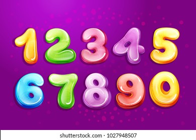 Vector colorful kids numbers, children font template. Preschool, kindergarten mathematics, game typography design glossy bubble style. Illustration cute education cartoon objects set purple background