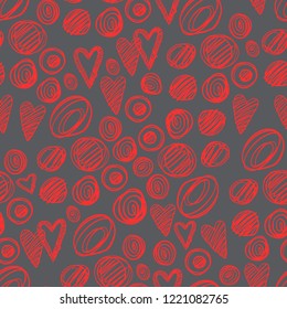 Vector colorful kids seamless pattern with chalk drawing. Pink hearts and circles on gray. Perfectly for wrapping paper, bed linen, textile, fabric, cover, wallpaper, fashion design, kids clothing.