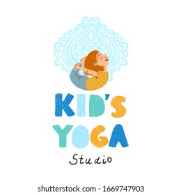 Vector colorful kids yoga studio logo with illustration of little girl doing yoga isolated on white background