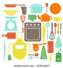 Iconos de cocina coloridos vectoriales. Elementos de cocina planos.