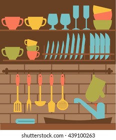 Vector colorful kitchen sink with utensil. Kitchen interior house work design elements: sink, cup, plates. Washing dishes flat concept. Flat style kitchen sink washing dishes illustration. 