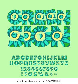 Vector colorful knitted pattern with ornate label Green Sign. Set of cute Alphabet letters, Numbers and Symbols