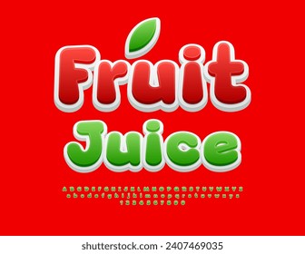 Sello vectorial colorido Jugo de fruta. Divertido tipo de letra brillante. Letras, números y símbolos de alfabeto creativos. 