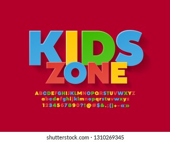 Vector Colorful label Kids Zone with Flat playful Font. Stylish Bright Alphabet for Children Logo, Marketing, Advertising