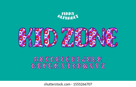 Vector Colorful label Kids Zone with Flat playful Font. Stylish Bright Alphabet for Children Logo, Design banner, etc.