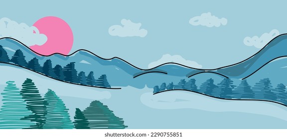 Vector colorful landscape background illustration: amazing winter snowy mountains, flat and simple view