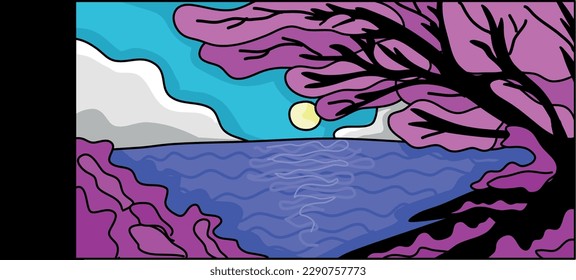 Vector colorful landscape illustration: Sakura wallpaper, purple and pink colors