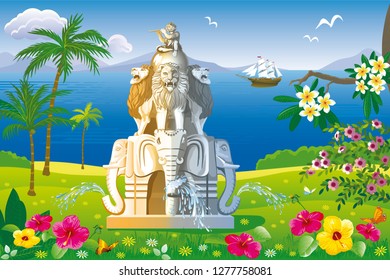 Vector colorful landscape with a large fountain with figures of lions and elephants on the background of the sea, palm trees, sailboat and tropical flowers