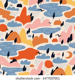 Vector Colorful landscape with mountains and lakes. Cute abstract seamless pattern design for fabric. Perfect seamless print  for home decor.