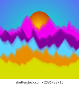 Vector colorful landscape with silhouettes of mountains and sun. Abstract nature background. Vector illustration