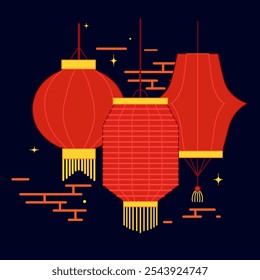 Vector colorful lanterns of Mid Autumn Festival. China red lanterns at night vector cartoon composition. Flat modern composition of colorful paper lanterns
