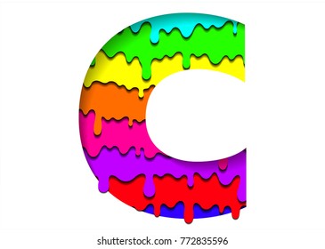 Vector colorful letter C in a paper cut style. Realistic 3D multi layers paper cut effect isolated on white background. Letter with flowing colorful rainbow.
