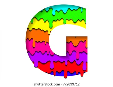 Vector colorful letter G in a paper cut style. Realistic 3D multi layers paper cut effect isolated on white background. Letter with flowing colorful rainbow.