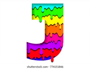 Vector colorful letter J in a paper cut style. Realistic 3D multi layers paper cut effect isolated on white background. Letter with flowing colorful rainbow.