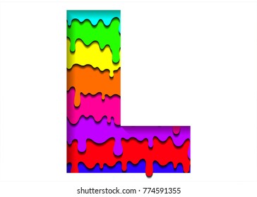 Vector colorful letter L in a paper cut style. Realistic 3D multi layers paper cut effect isolated on white background. Letter with flowing colorful rainbow.