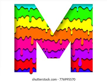 Vector colorful letter M in a paper cut style. Realistic 3D multi layers paper cut effect isolated on white background. Letter with flowing colorful rainbow.