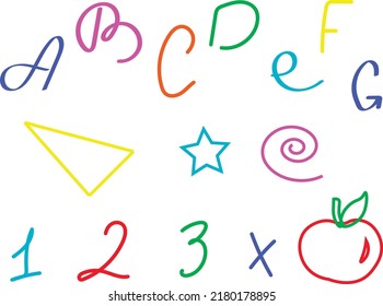 Letras y números de colores vectores sobre fondo blanco. Ilustraciones dibujadas a mano para la decoración escolar, el diseño, la impresión, el cuaderno, los libros, el libro de texto