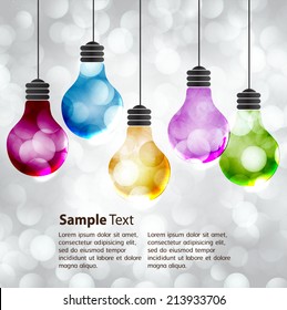 Vector colorful light bulb icons with concept of idea. Festive Christmas background. Elegant abstract background with bokeh defocused lights and stars 