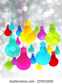 Vector colorful light bulb icons with concept of idea. Festive Christmas background. Elegant abstract background with bokeh defocused lights and stars, speech bubble