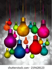 Vector colorful light bulb icons with concept of idea. Festive Christmas background. Elegant abstract background with bokeh defocused lights and stars, speech bubble  