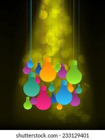 Vector colorful light bulb icons with concept of idea. Festive Christmas background. Elegant abstract background with bokeh defocused lights and stars 
