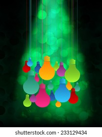 Vector colorful light bulb icons with concept of idea. Festive Christmas background. Elegant abstract background with bokeh defocused lights and stars 