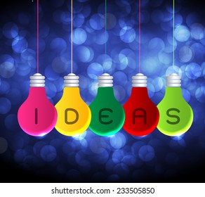 Vector colorful light bulb icons with concept of idea. Festive Christmas background. Elegant abstract background with bokeh defocused lights and stars 