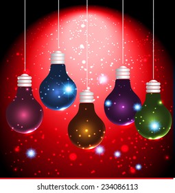 Vector colorful light bulb icons with concept of idea. Festive Christmas background. Elegant abstract background with bokeh defocused lights and stars 