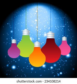 Vector colorful light bulb icons with concept of idea. Festive Christmas background. Elegant abstract background with bokeh defocused lights and stars 