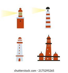 Vector colorful lighthouses set isolated on white background, decorative beacon, marine tower, flat infographic sign, cartoon graphic sea symbol for travel design, greeting card, adventure map