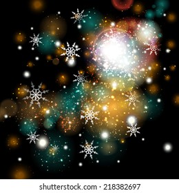 Vector colorful lights on black background. Christmas background.