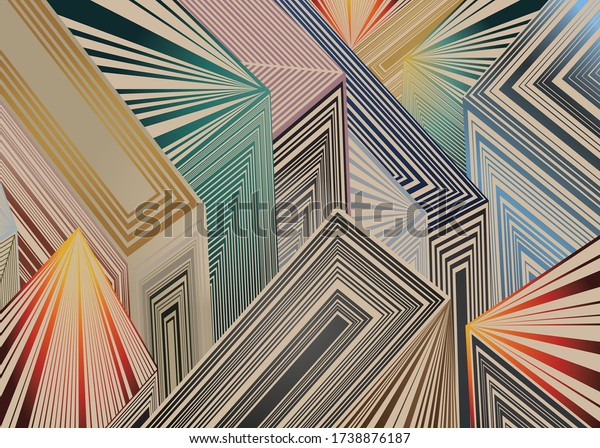 Vector colorful line art. Geometric perspective city illusion. Color gradients abstract modern background art. Three dimensional top view buildings.