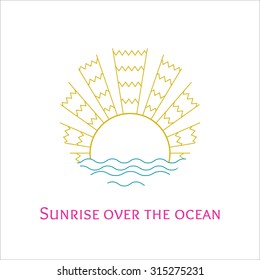 Vector colorful line art illustration of sunrise over the ocean. Stylized mosaic logo sunset over the sea. Outline sunrise over the waves icon