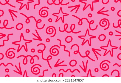 Vector colorful line doodle seamless pattern. Creative abstract style art symbol background for children or celebration design with basic shapes. Simple childish scribble wallpaper print.