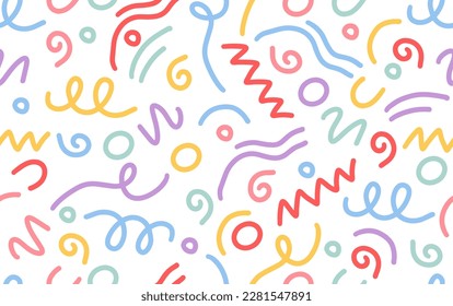 El doodle de la línea de color vectorial es un patrón sin fisuras. Fondo creativo de símbolo de arte de estilo abstracto para niños o diseño de celebración con formas básicas. Sencillo papel tapiz de garabato infantil.