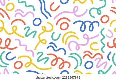 Vector colorful line doodle seamless pattern. Creative abstract style art symbol background for children or celebration design with basic shapes. Simple childish scribble wallpaper print.