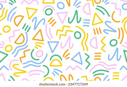 Vector colorful line doodle seamless pattern. Creative abstract style art symbol background for children or celebration design with basic shapes. Simple childish scribble wallpaper print.
