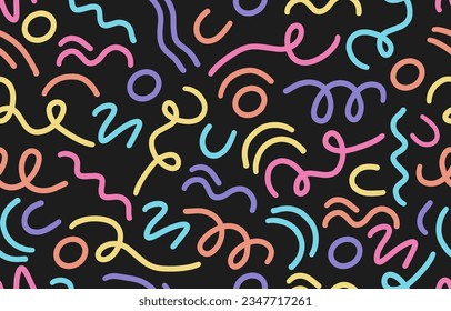 Vector colorful line doodle seamless pattern. Creative abstract style art symbol background for children or celebration design with basic shapes. Simple childish scribble wallpaper print.