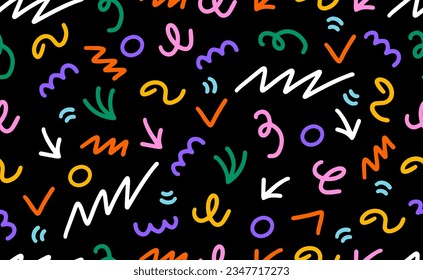 El doodle de la línea de color vectorial es un patrón sin fisuras. Fondo creativo de símbolo de arte de estilo abstracto para niños o diseño de celebración con formas básicas. Sencillo papel tapiz de garabato infantil.