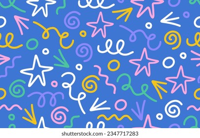 Vector colorful line doodle seamless pattern. Creative abstract style art symbol background for children or celebration design with basic shapes. Simple childish scribble wallpaper print.