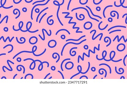 Vector colorful line doodle seamless pattern. Creative abstract style art symbol background for children or celebration design with basic shapes. Simple childish scribble wallpaper print.