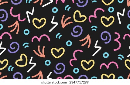 Vector colorful line doodle seamless pattern. Creative abstract style art symbol background for children or celebration design with basic shapes. Simple childish scribble wallpaper print.
