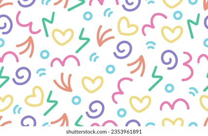 Vector colorful line doodle seamless pattern. Creative abstract style art symbol background for children or celebration design with basic shapes. Simple childish scribble wallpaper print.