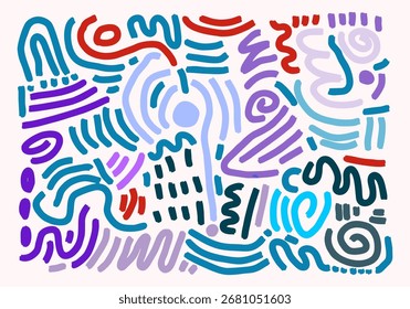 Vetor linha colorida rabiscar padrão sem costura. Fundo de símbolo de arte de estilo abstrato criativo para crianças