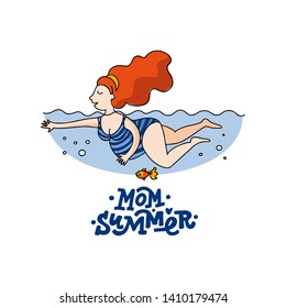 Vector colorful line flat illustration of a pregnant woman. Girl is swimming in the sea. Lettering Sea. Identity concept for pregnancy clinics, courses, postcards. Hand drawn Lettering Mom summer.