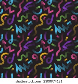 Vector colorful line squiggle seamless pattern. Abstract shapes minimalistic trendy 90s style on black background. Scribble backdrop for wallpaper, print, textile, fabric, wrapping.